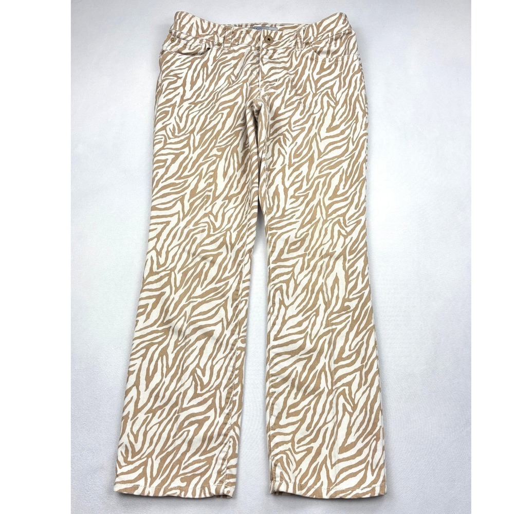 Chicos Platinum Denim Pants Womens 00 Tan White Zebra Stripe Animal Print Jeans